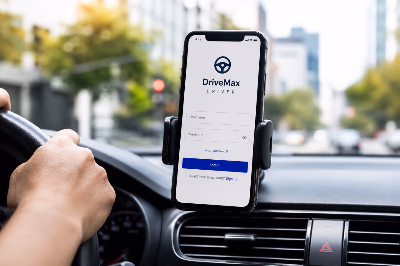 Driver Accessing Partner Login Screen on Smartphone in Car