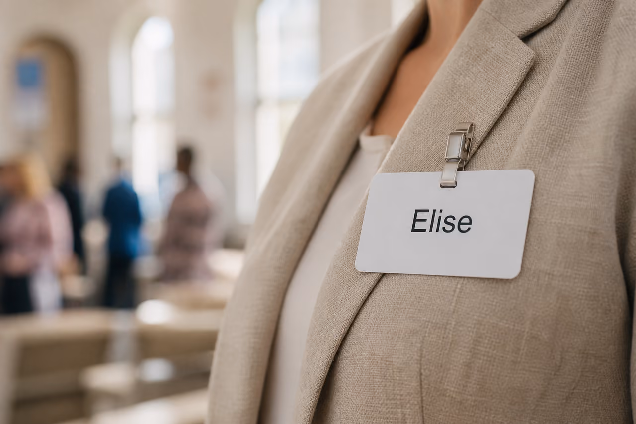 Professional Name Tag Pinned to a Light Linen Blazer