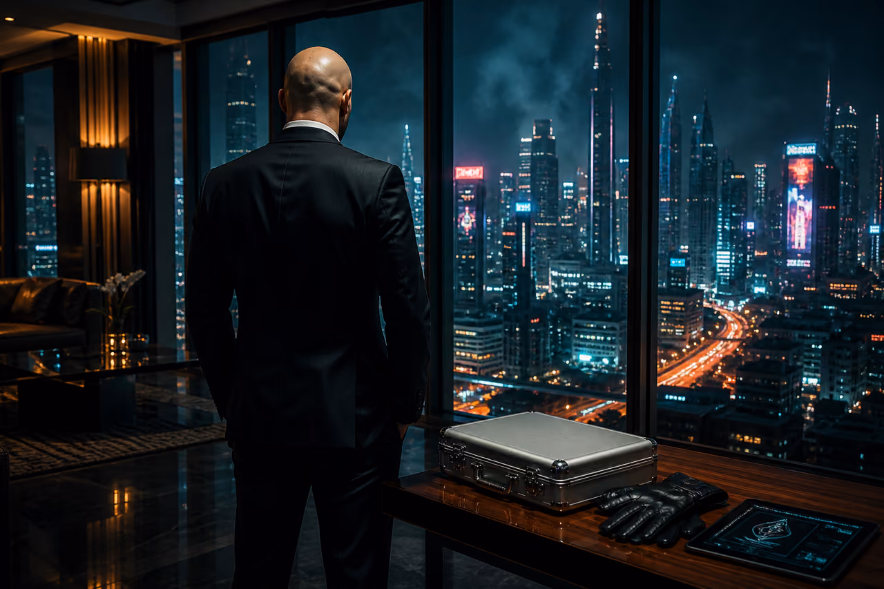 Professional Assassin Overlooking Neon City from Luxury Penthouse