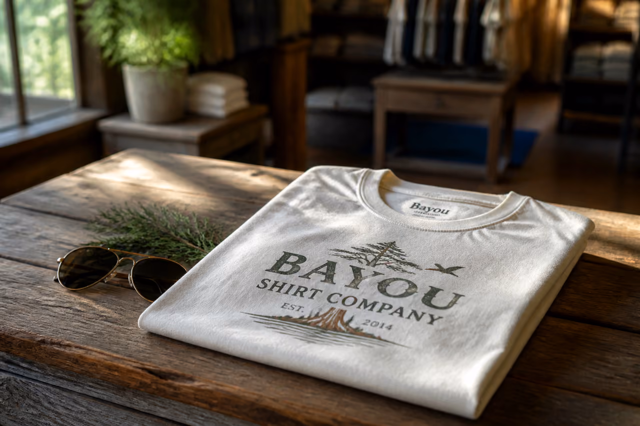 Branded T-Shirt from Bayou Shirt Company on Rustic Wood