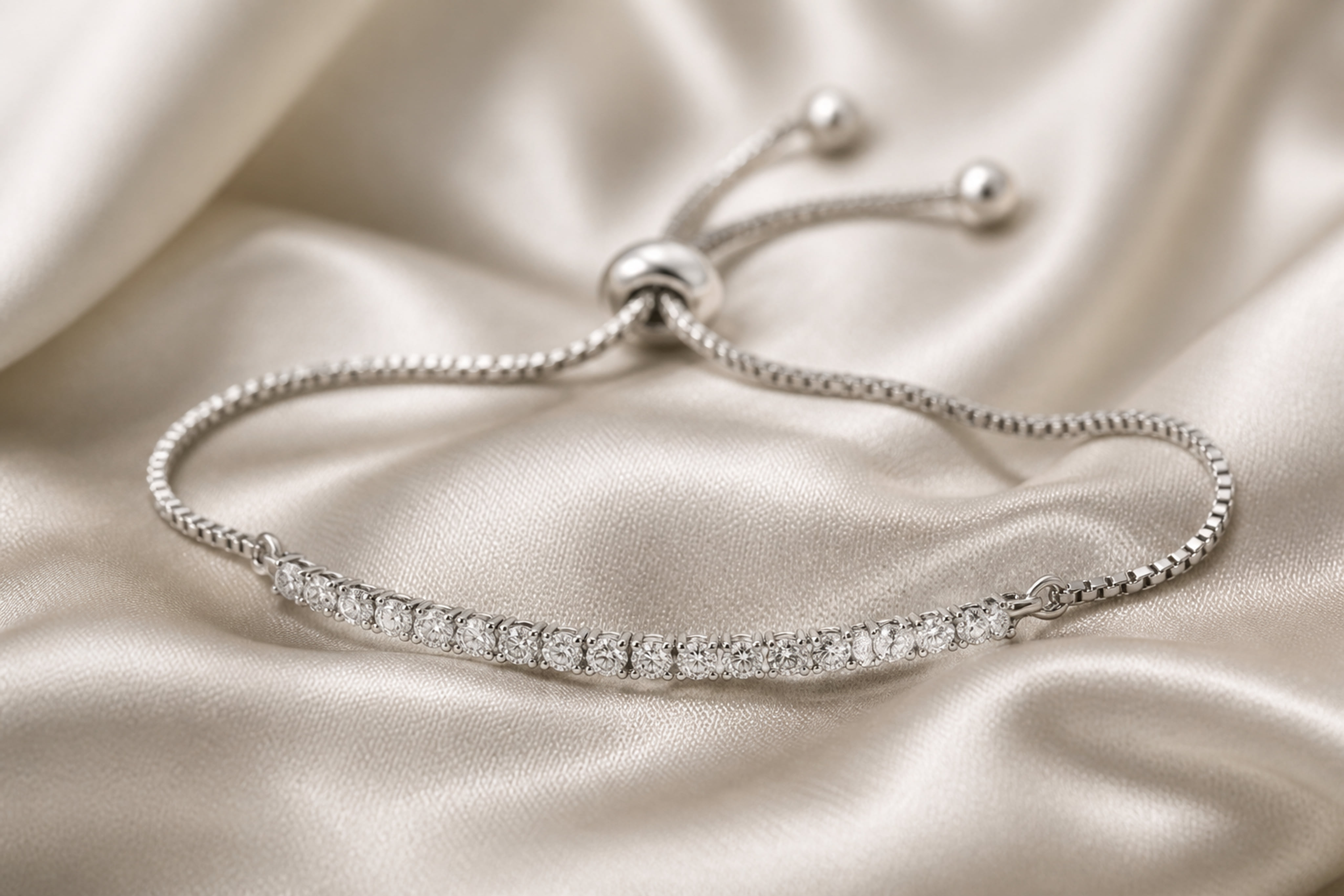 Silver Diamond Adjustable Bracelet on White Silk Fabric
