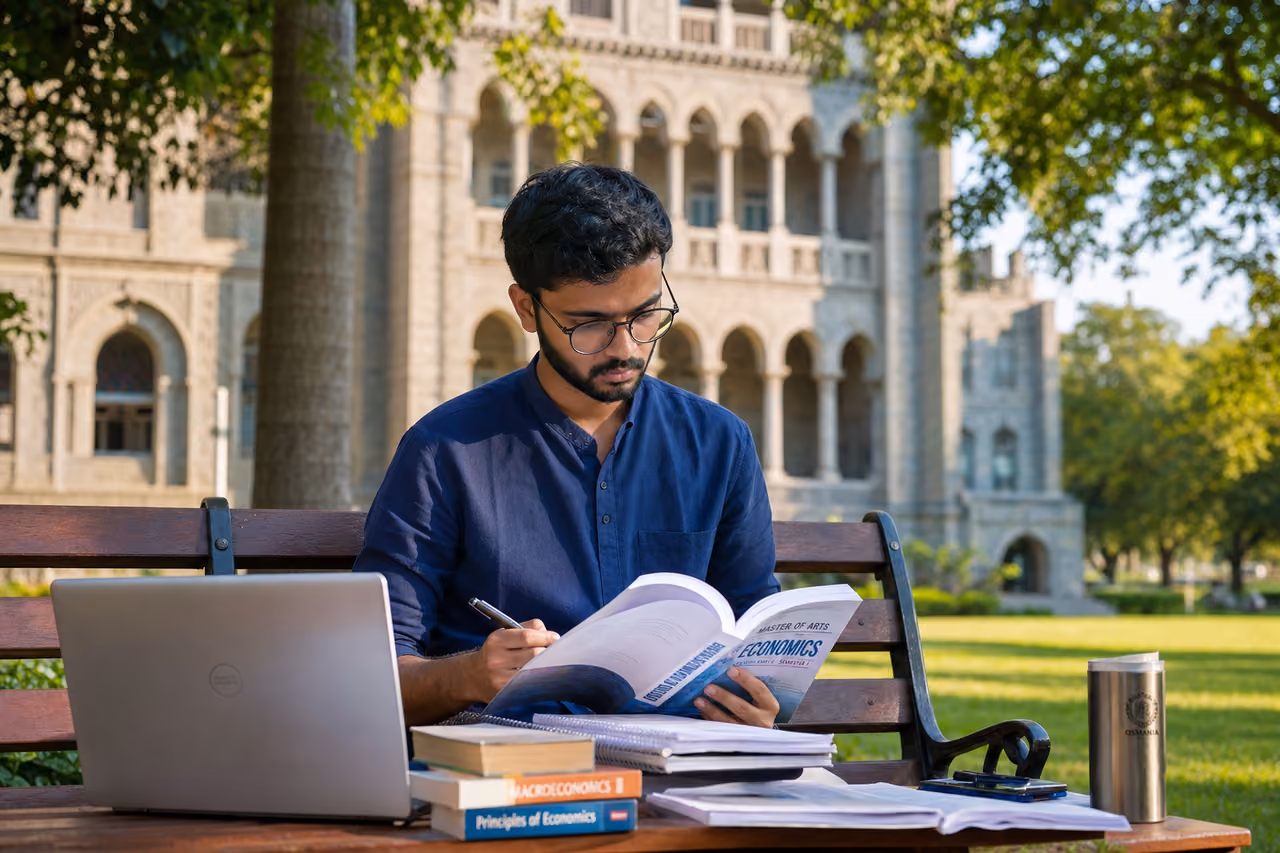 Postgraduate Economics Student Studying on Historic Indian University Campus