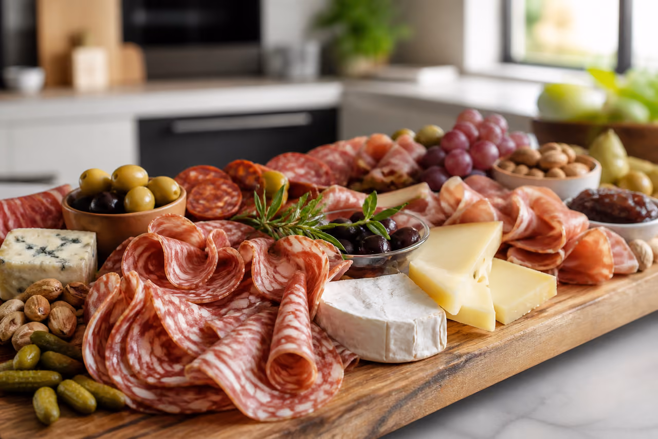 Gourmet Deli Meat and Cheese Platter on Wooden Board