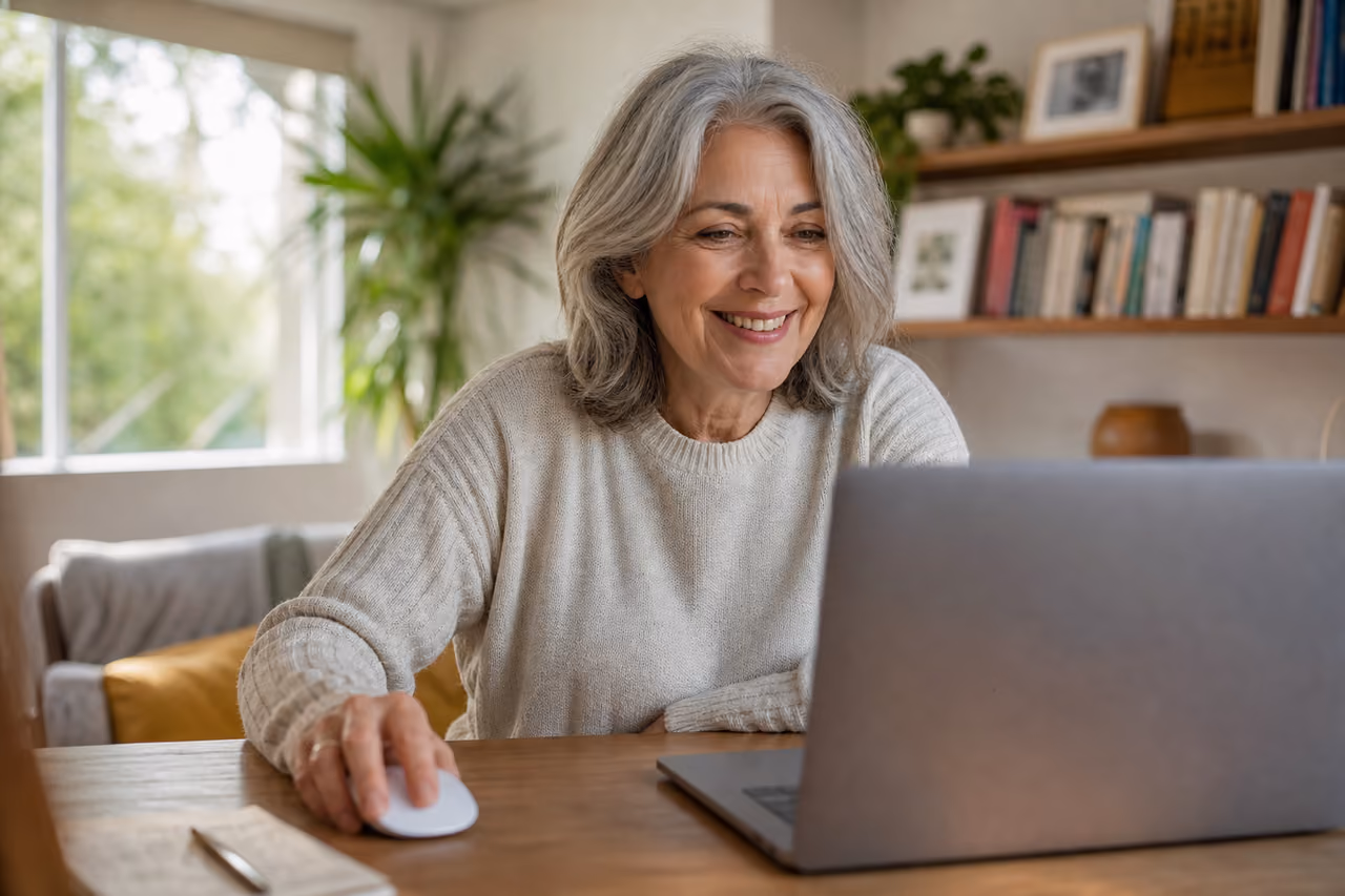 Mature Woman Using Social Media on Laptop in Home Office