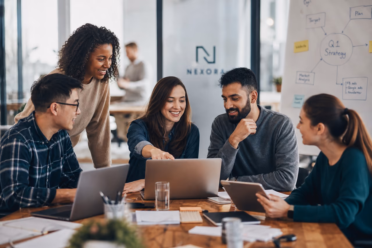 Diverse Professionals Collaborating in a Modern Corporate Office