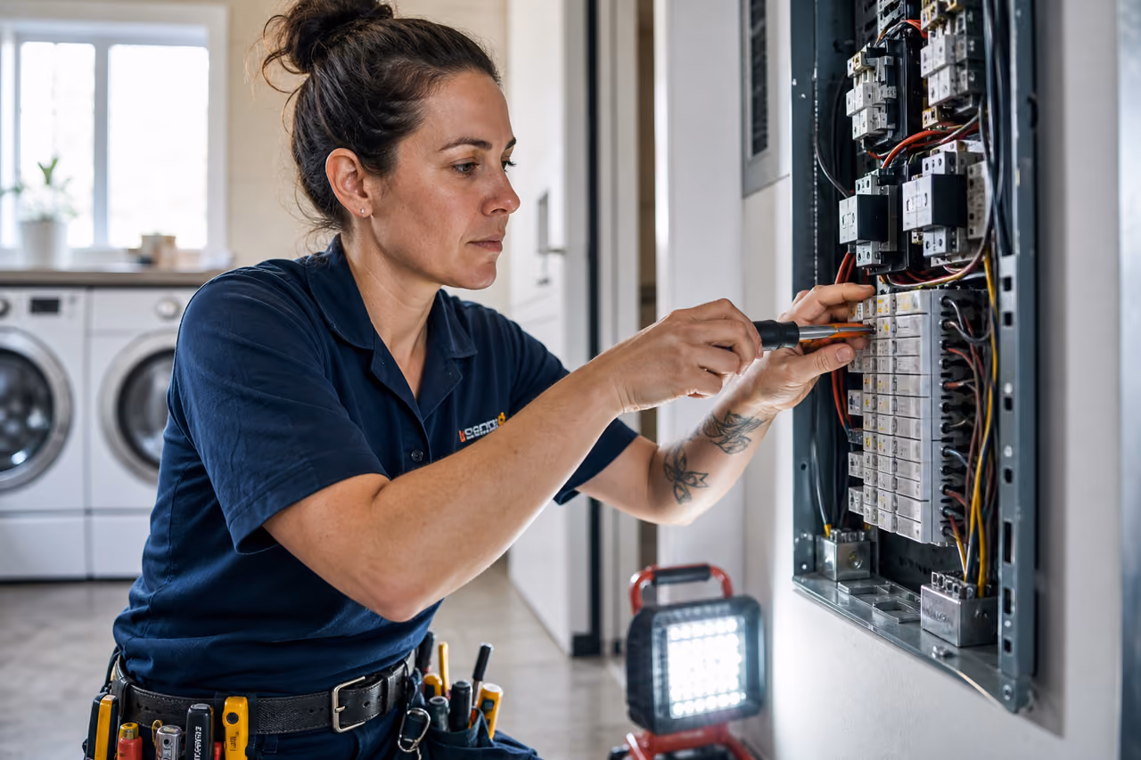 Female Electrician Wiring a Circuit Breaker Panel