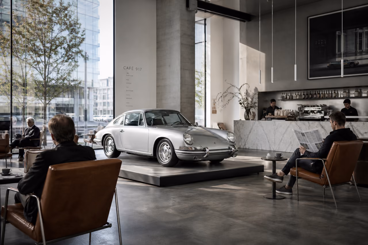 Luxury Automotive Cafe with Silver Sports Car Centerpiece