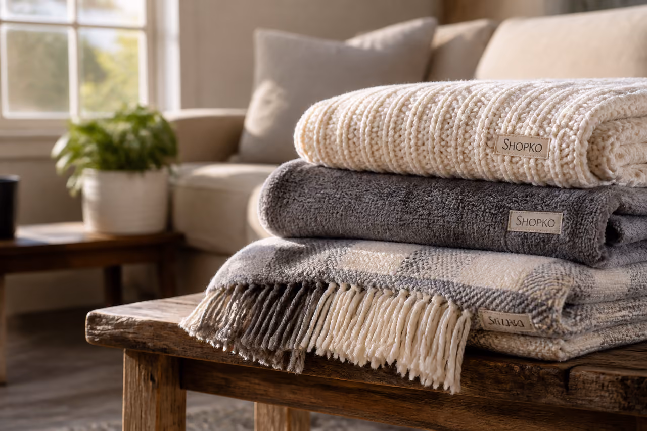 Stack of Folded Shopko Blankets on a Rustic Wooden Bench