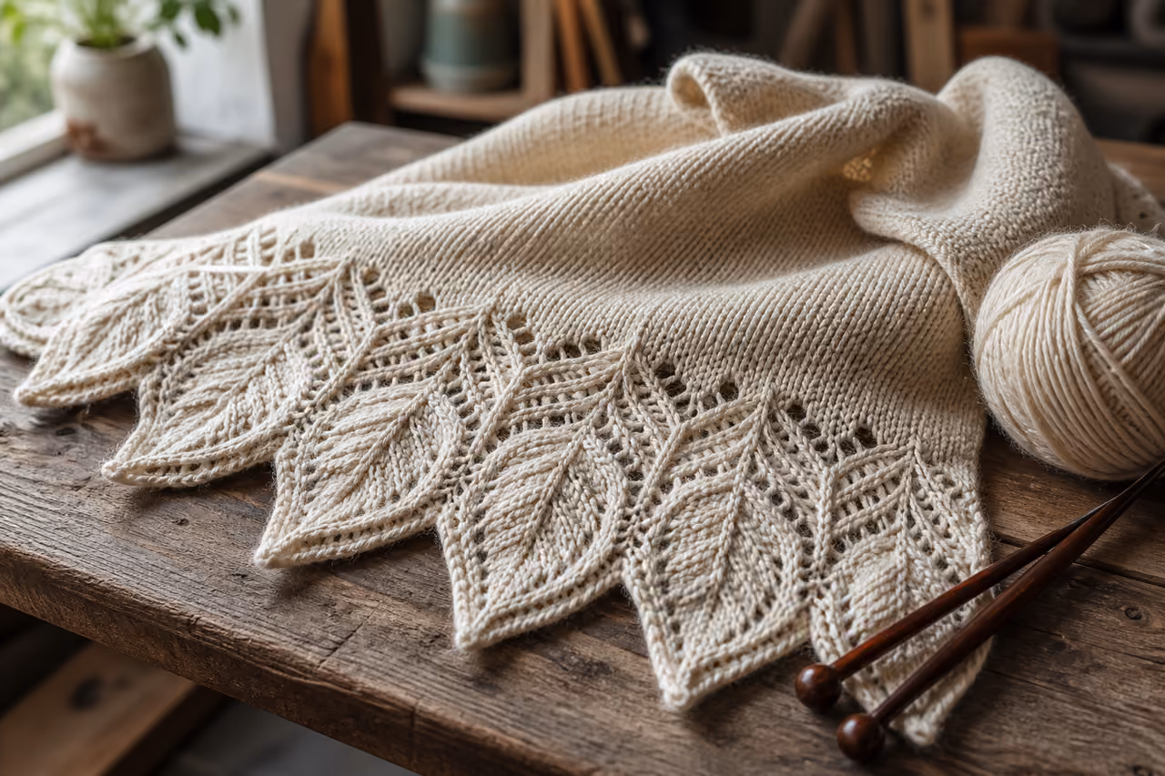 Knitted Shawl Featuring an Intricate Leaf Edging Knitting Pattern