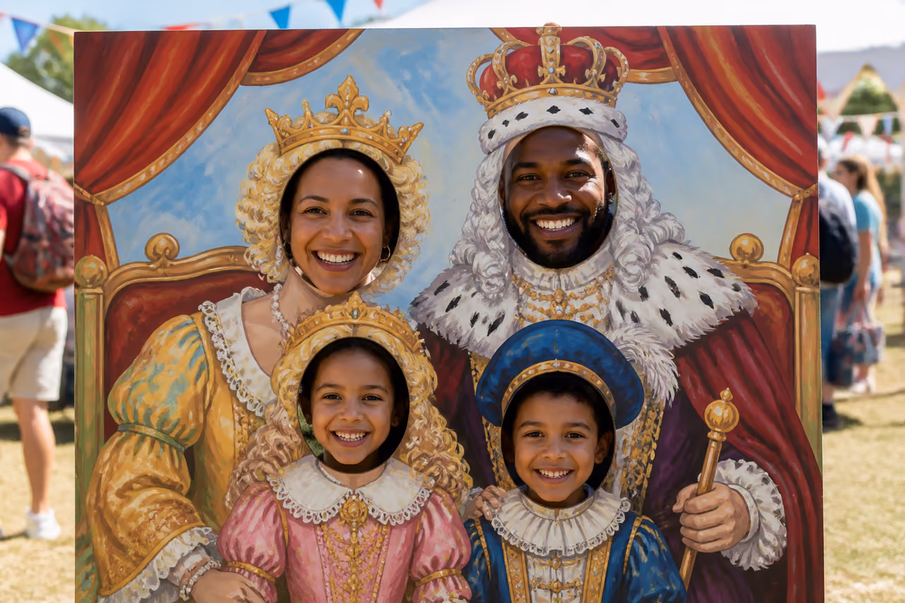 Family Posing Behind a Carnival Face in Hole Cutout
