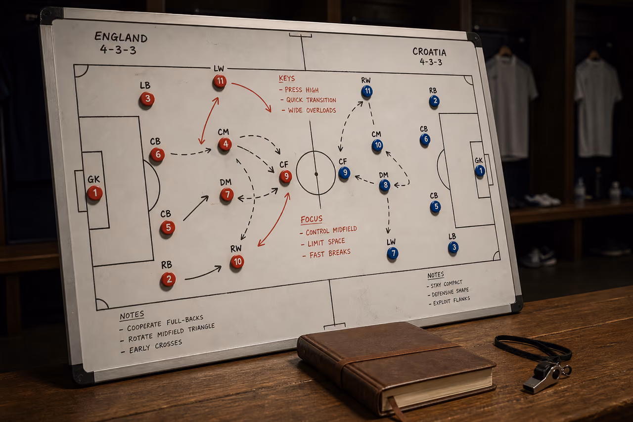 Tactical Board Showing England vs Croatia Predicted Lineup in Locker Room