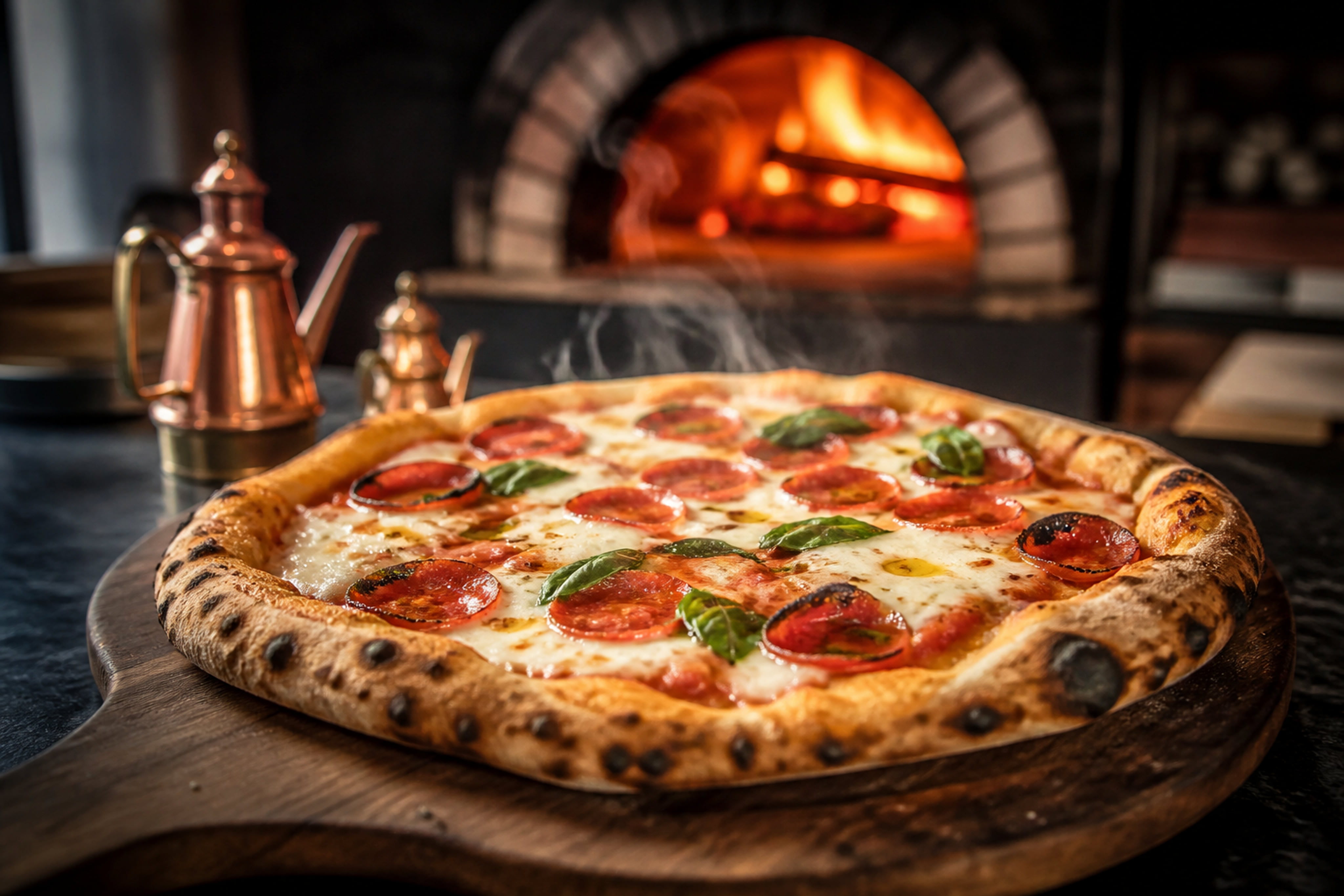 Gourmet Pepperoni Pizza on a Rustic Wooden Peel