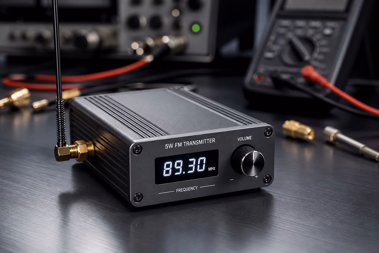 Compact 5w Fm Transmitter with Digital Display on Workbench