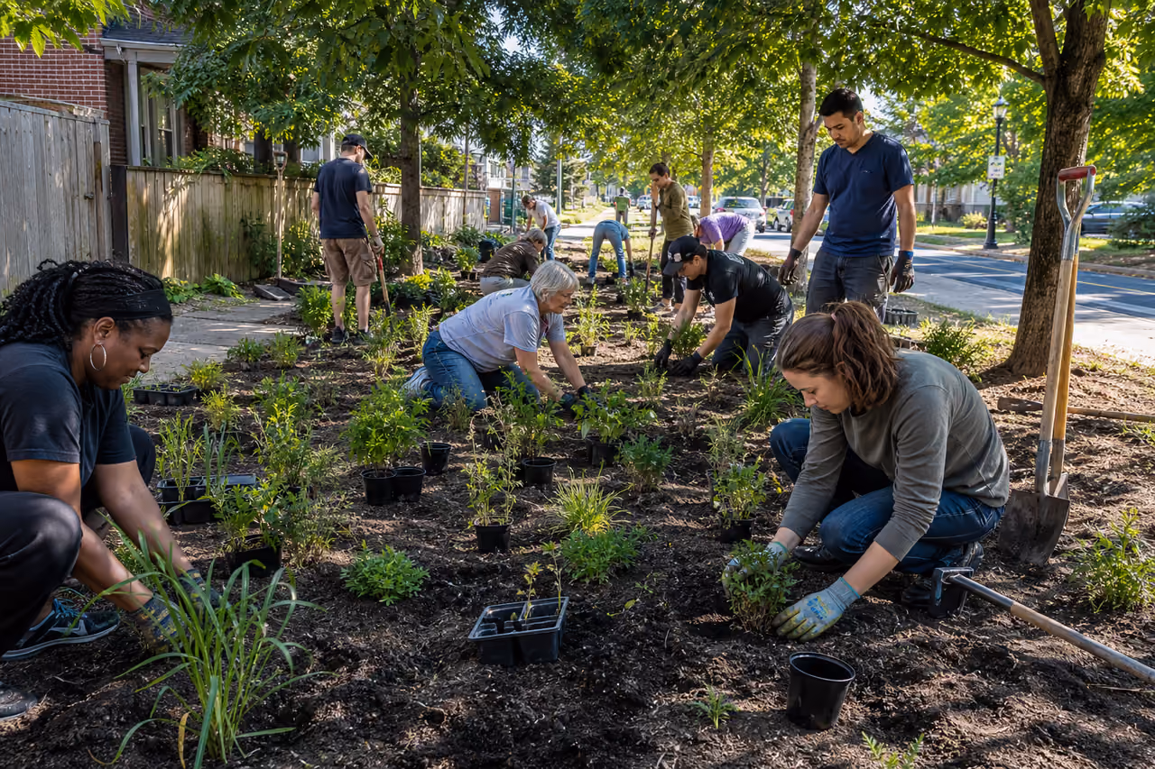 Community Volunteers Planting Native Greenery in an Urban Park