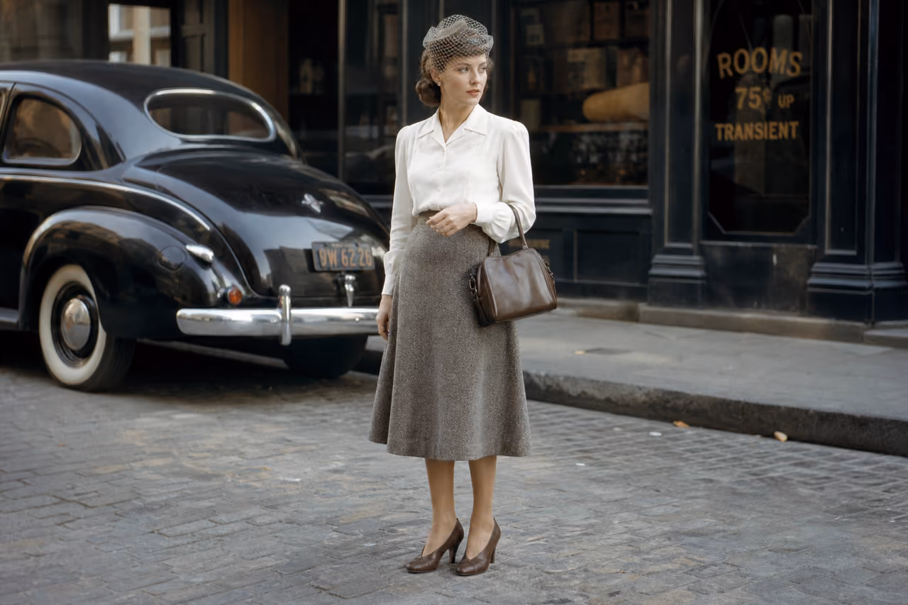 Woman Wearing 1940s Retro Fashion on a City Street
