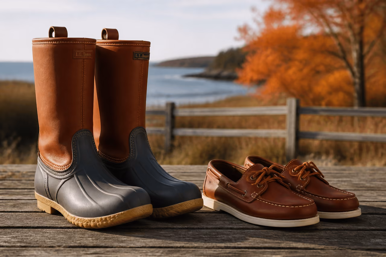 Waterproof Bean Boots and Leather Boat Shoes on Wooden Porch