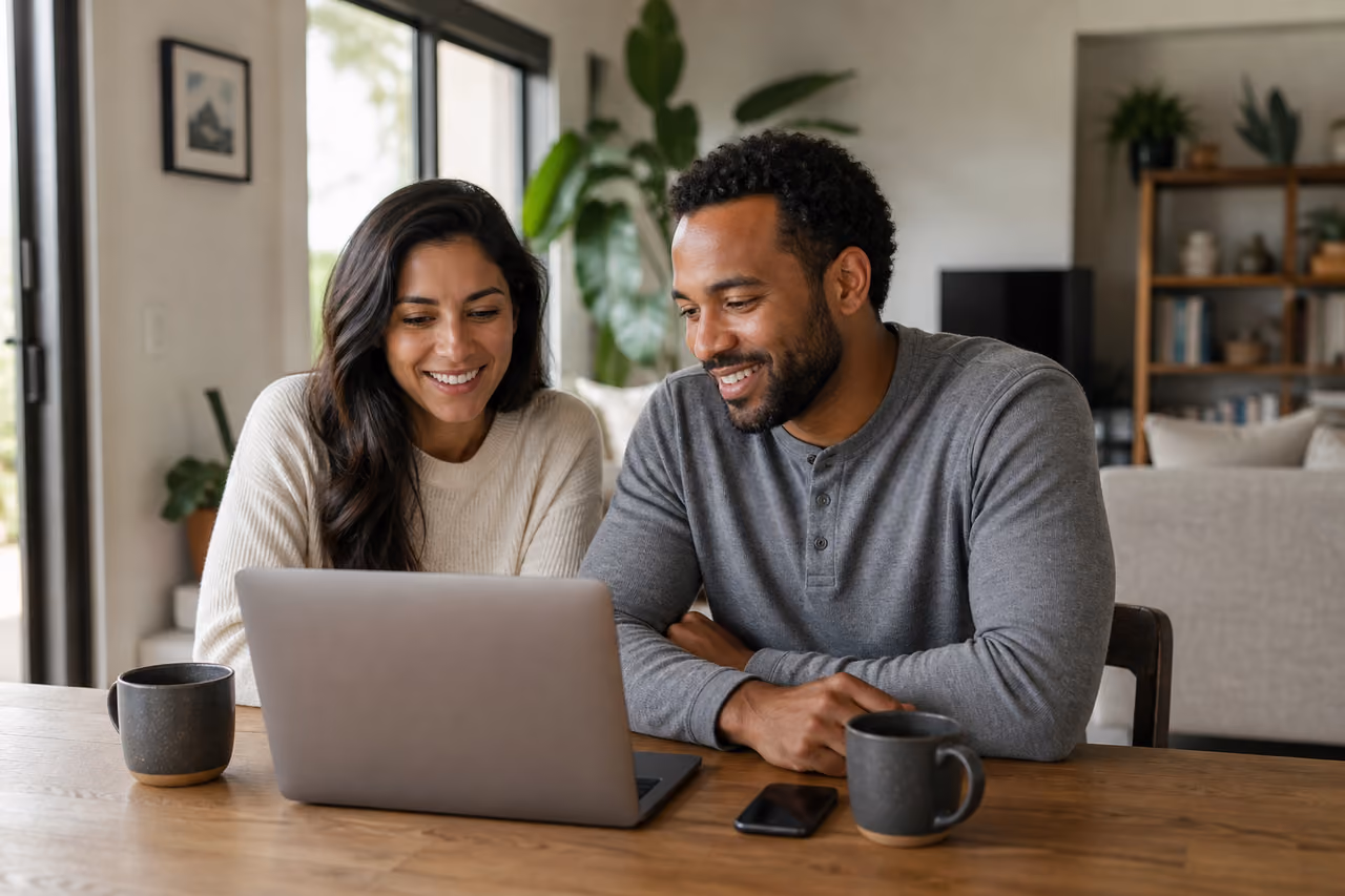 Couple Reviewing Home Sale Experience on Laptop