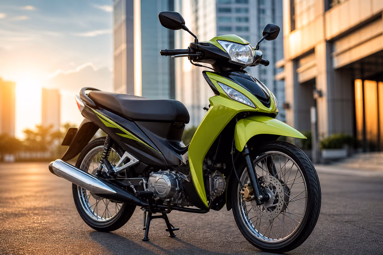 Lime Green Kawasaki 110 Motorbike Parked on City Street