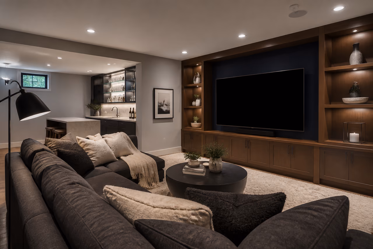 Modern Finished Basement with Lounge and Home Cinema