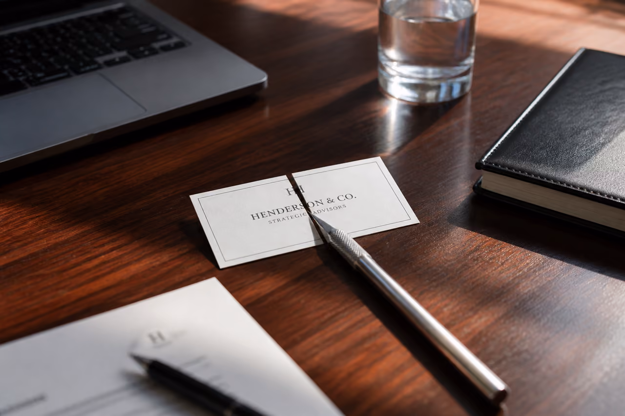 Corporate Logo Being Cut in Half on Office Table