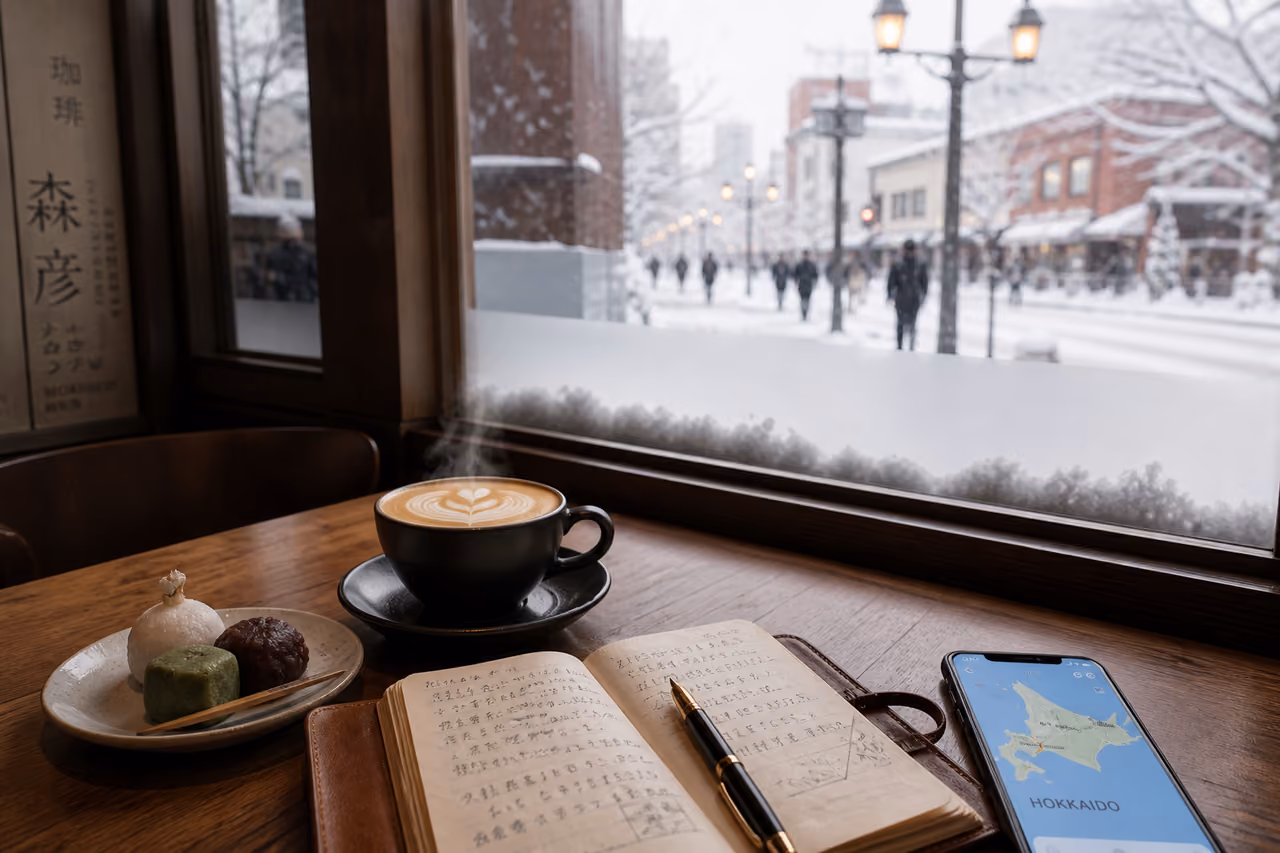 Traveler Planning Trip in Cozy Sapporo Cafe During Winter