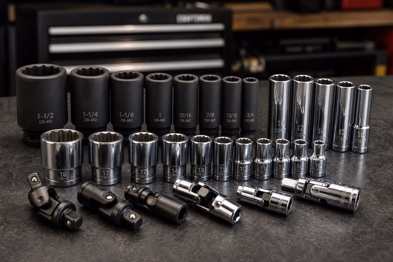Professional Specialty Automotive Sockets Arranged on Industrial Workbench