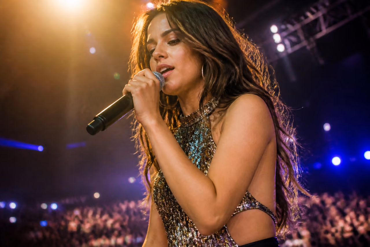 Young Pop Singer Performing on a Lit Concert Stage