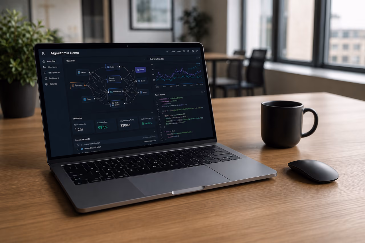 Software Developer Reviewing an Algorithmia Demo on a Laptop