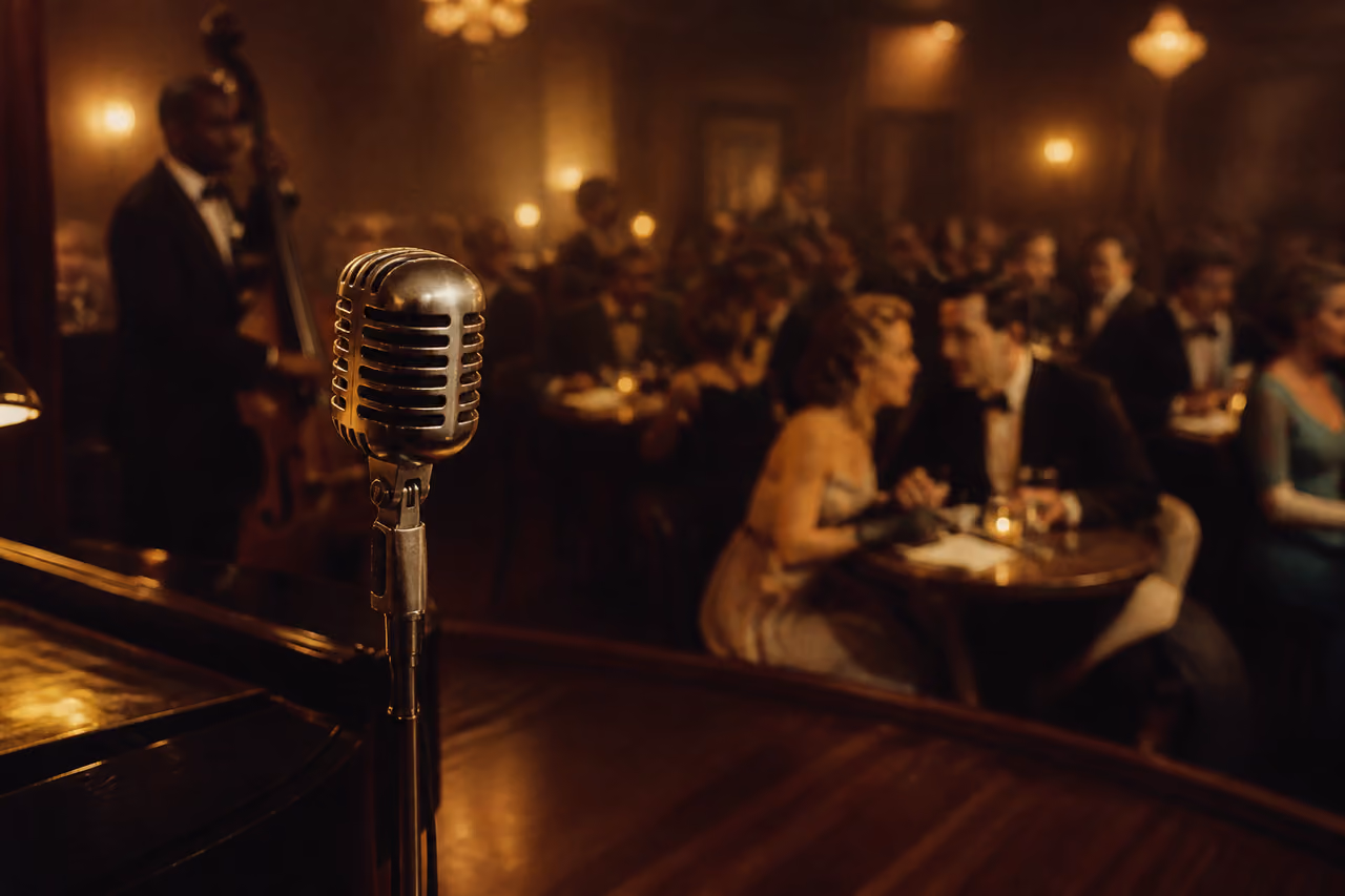 Vintage Microphone on Stage in a 1960s Jazz Lounge