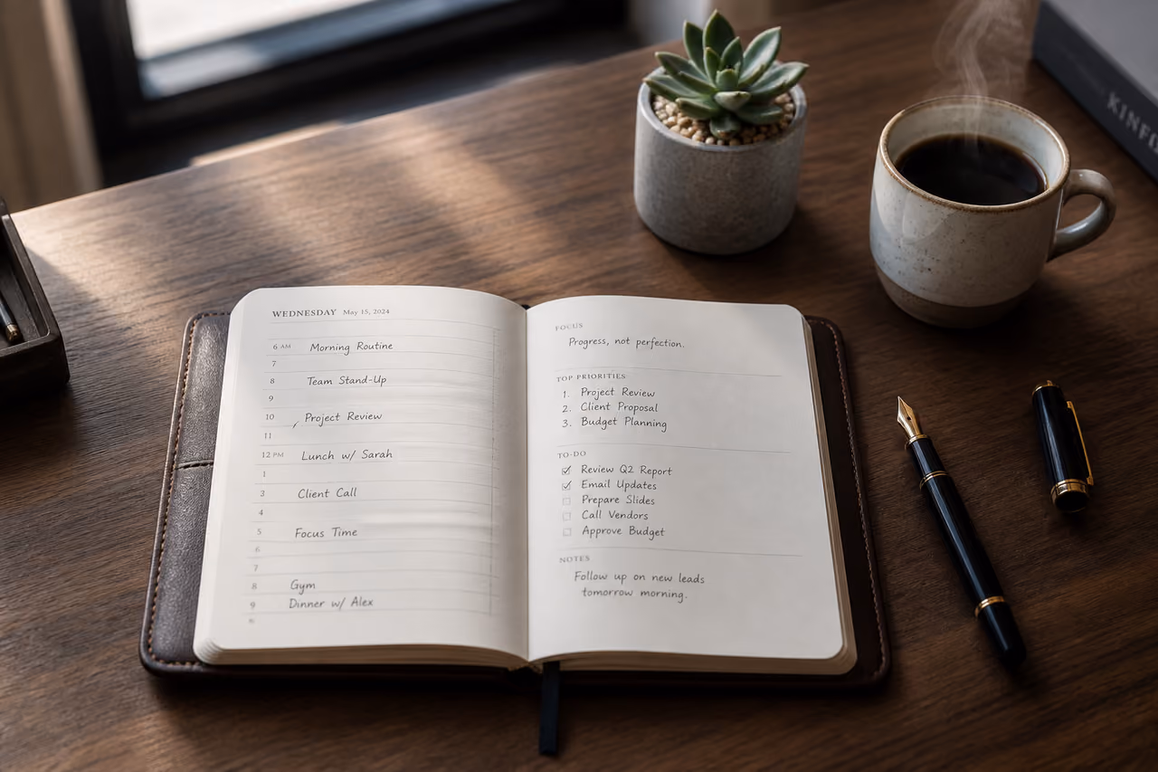 Open Dapper Desk Planner with Fountain Pen and Coffee