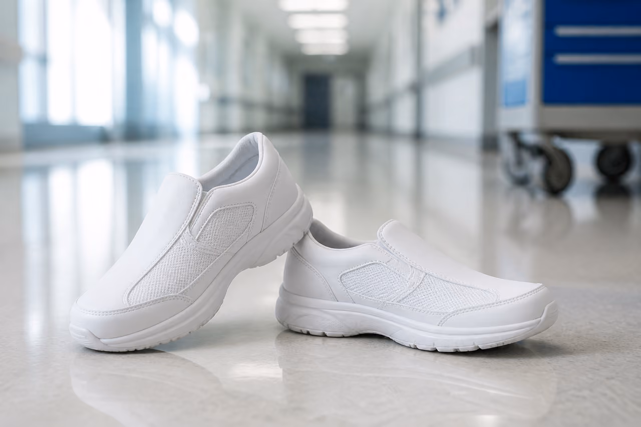 Ergonomic White Nursing Shoes on a Hospital Floor