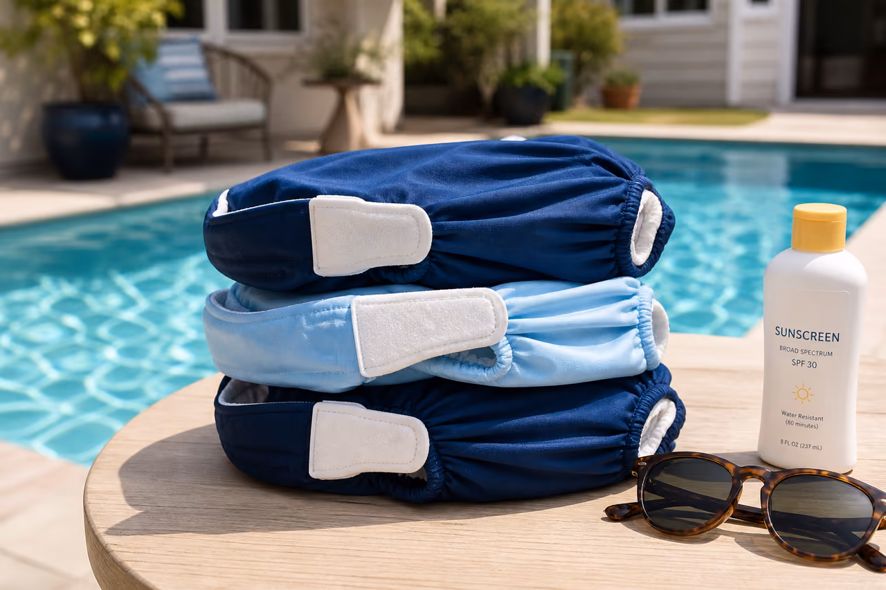 Stacked Adult Swim Diapers on a Sunny Poolside Table