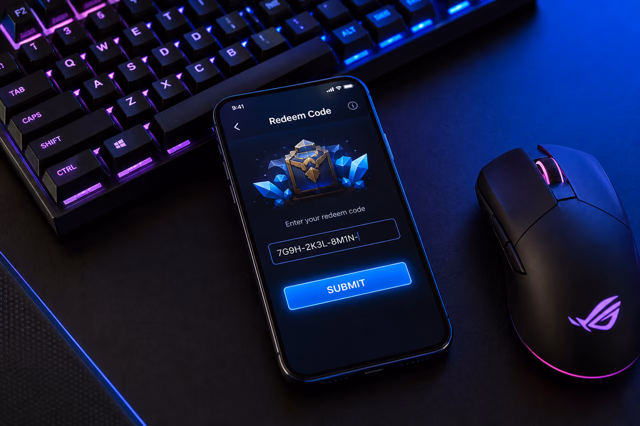 Smartphone Displaying Promo Code Entry on a Gaming Desk