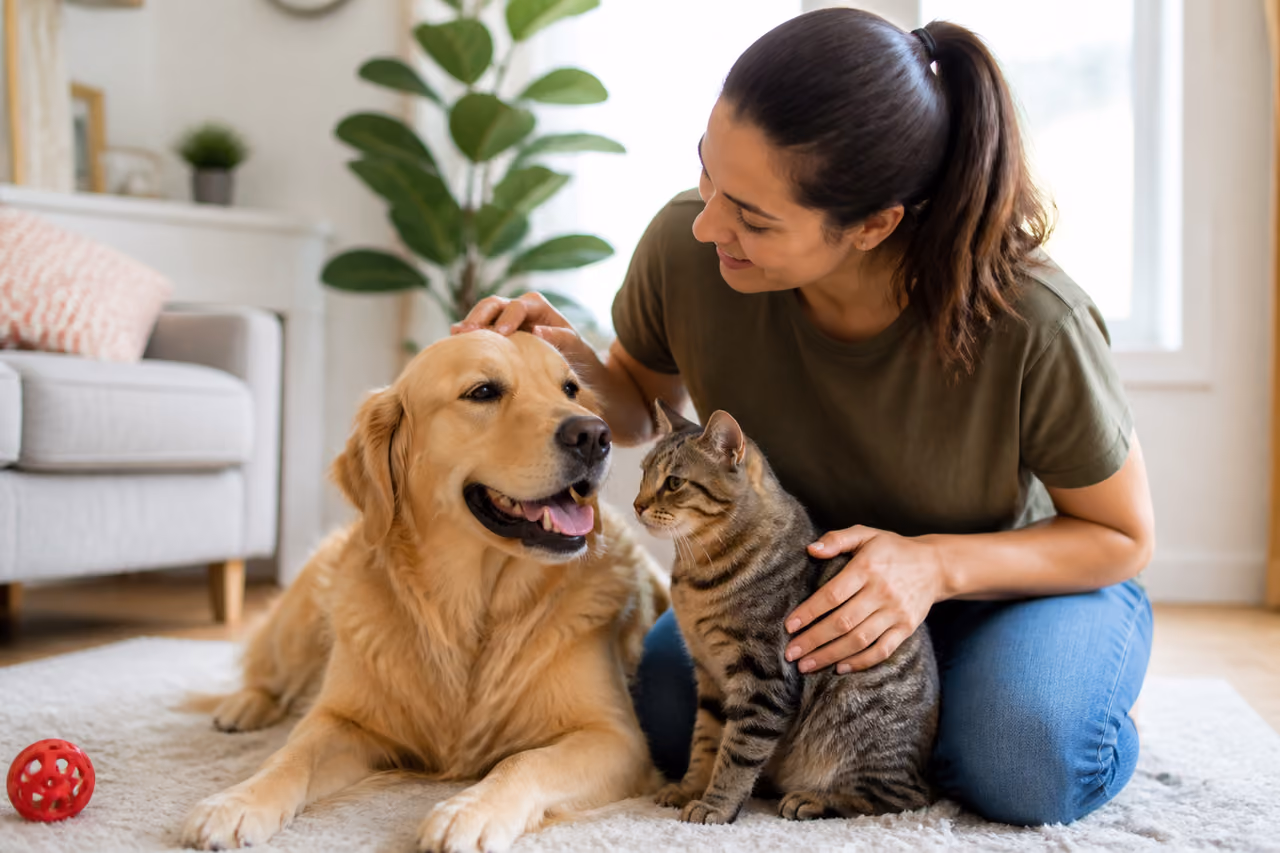 Professional Pet Sitter Comforting a Dog and Cat at Home