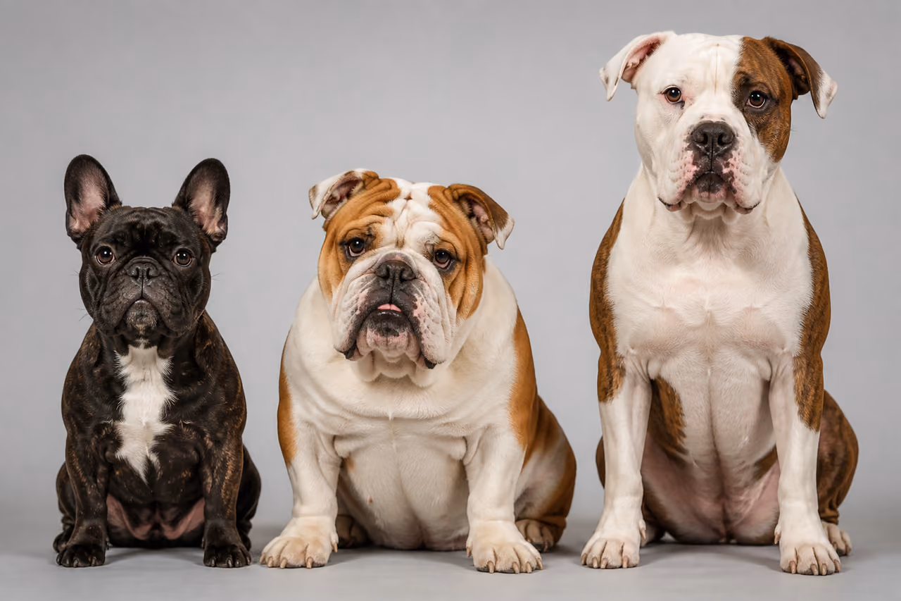 French English and American Bulldogs Sitting Side by Side