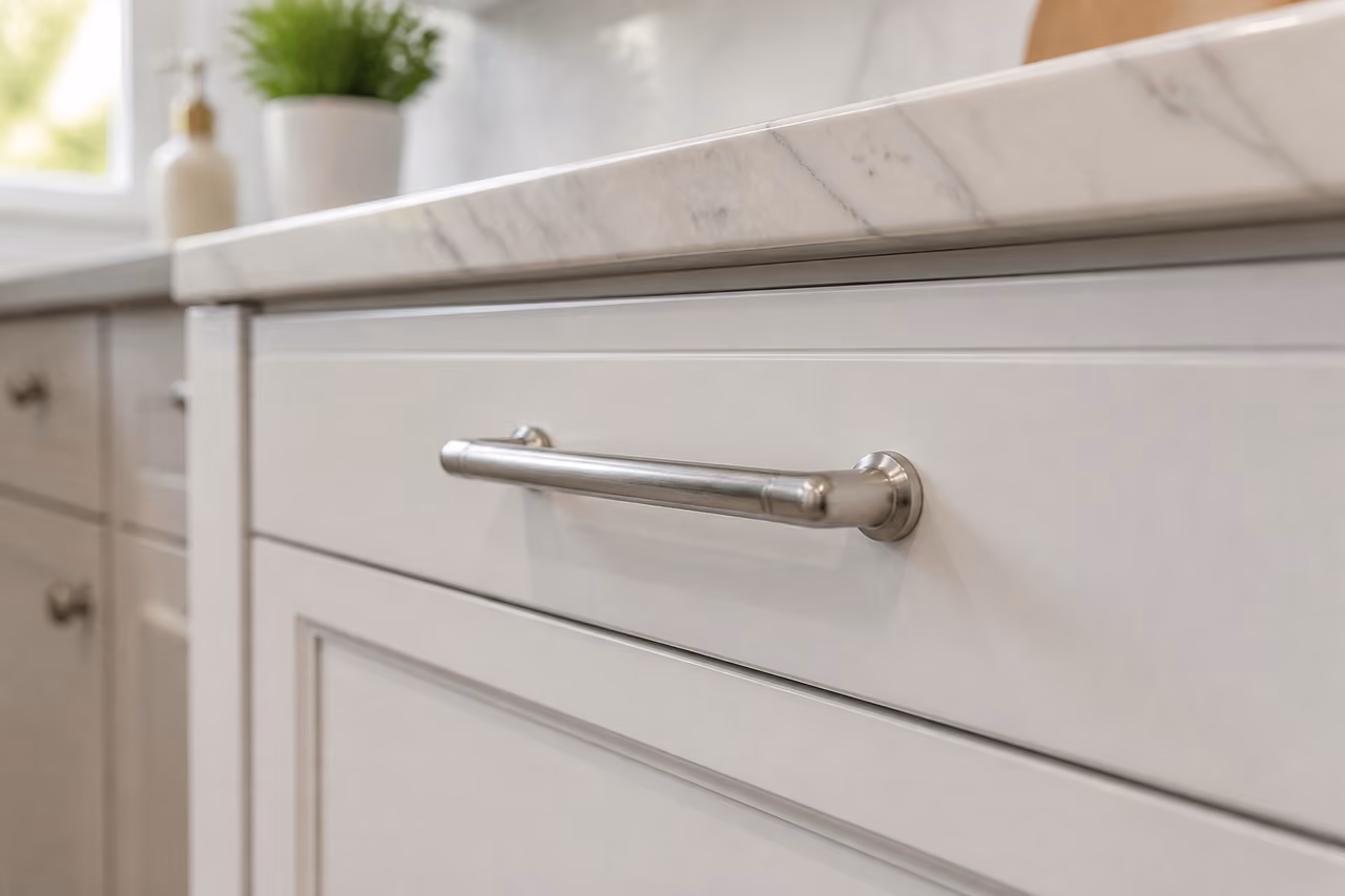 Brushed Nickel Pulls on White Shaker Style Cabinets