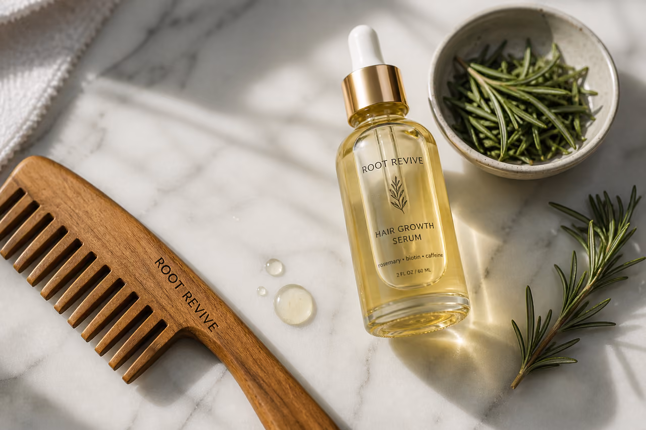Botanical Hair Growth Serum and Wooden Comb on Marble