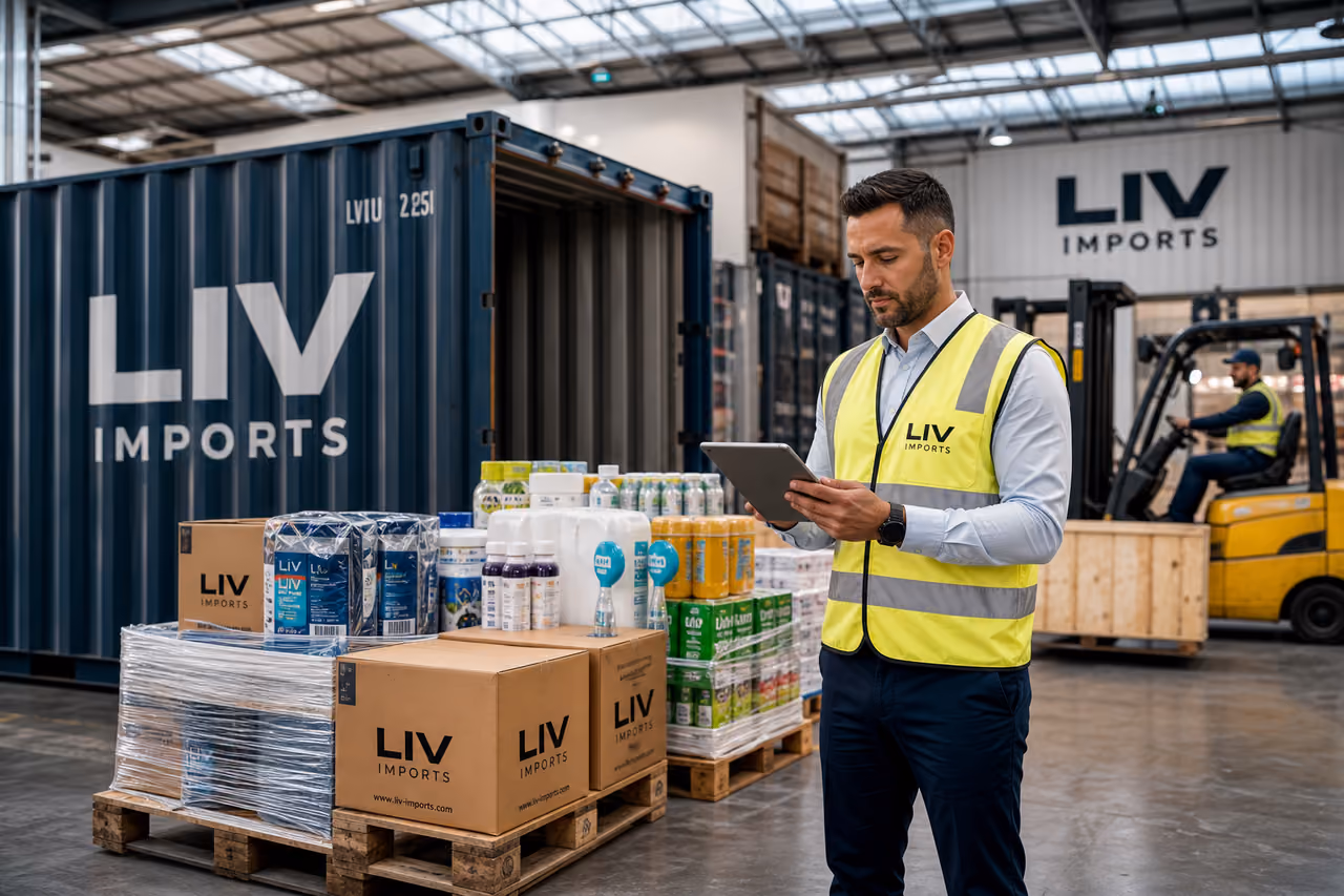 Logistics Manager Overseeing Liv Imports in a Modern Warehouse