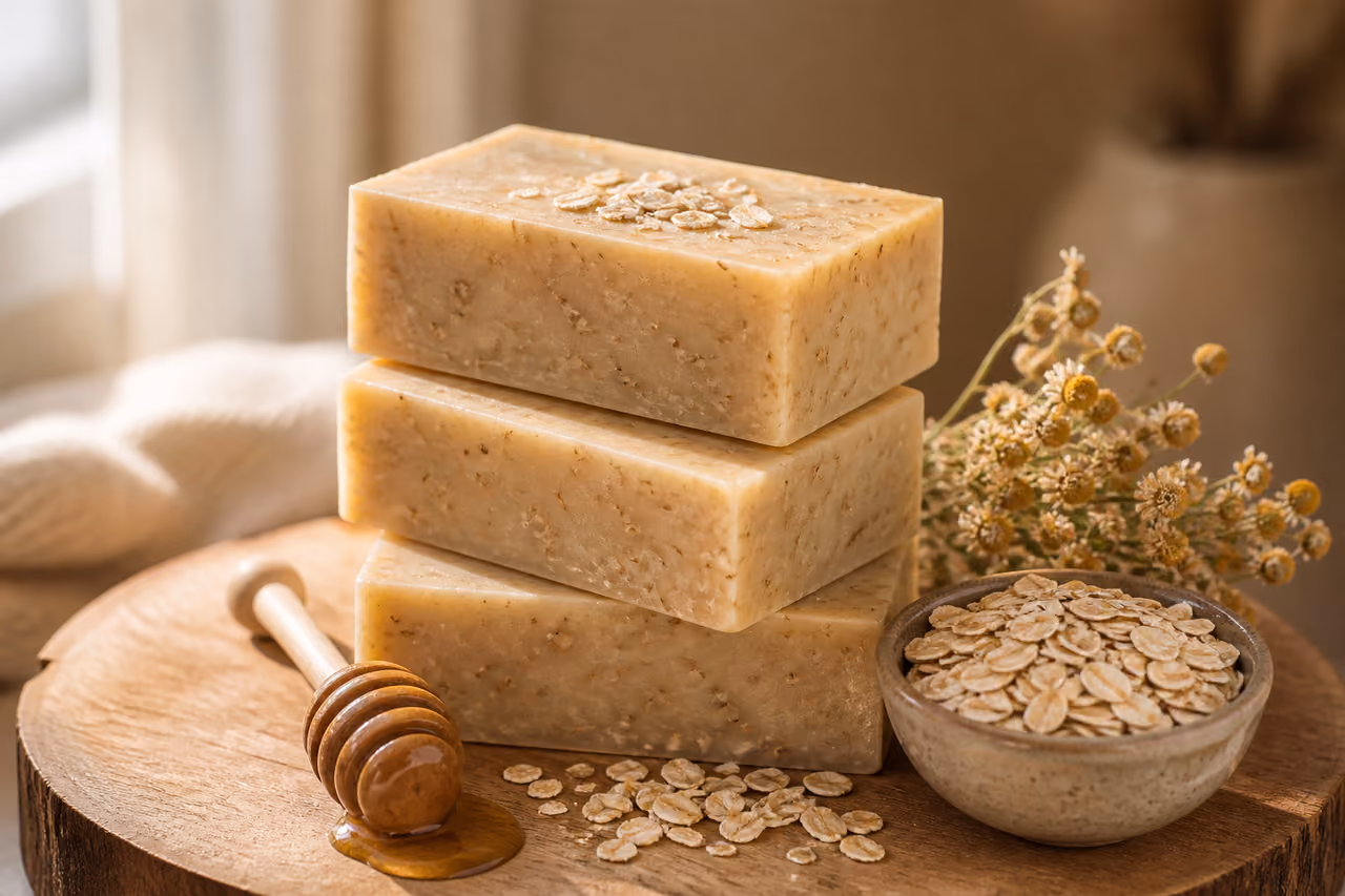 Handmade Oatmeal and Honey Soap Bars on Rustic Wood