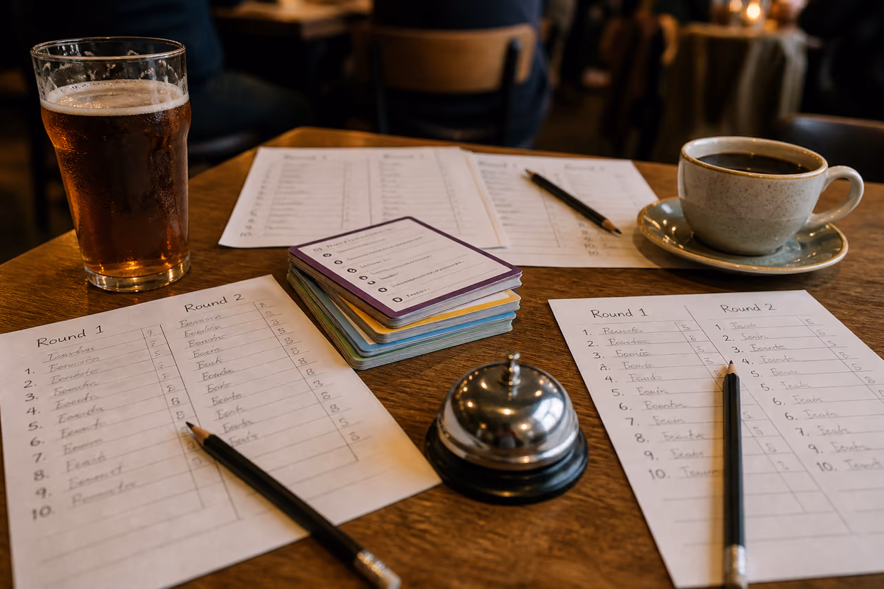 Trivia Materials and Drinks on a Rustic Wooden Table