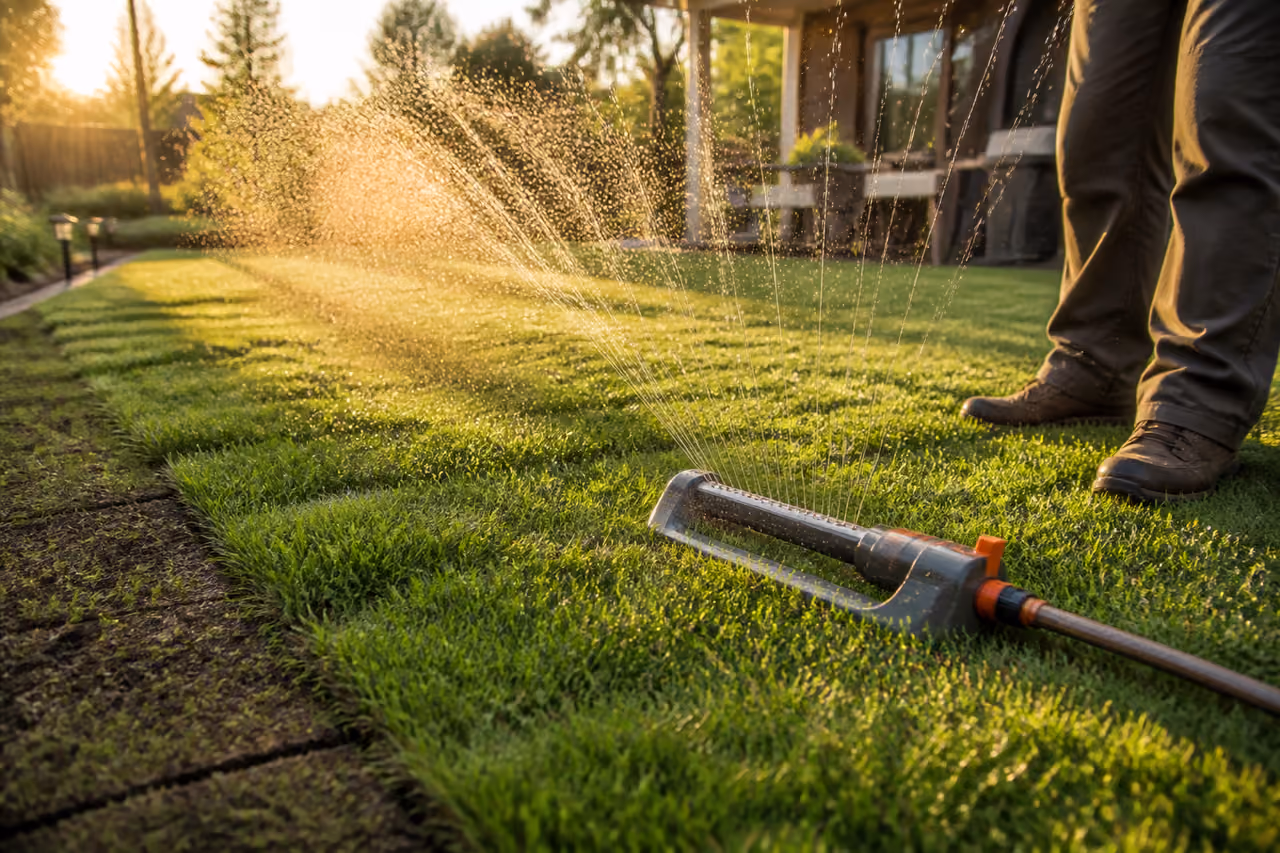 Sprinkler Watering Freshly Installed Zoysia Sod in a Backyard