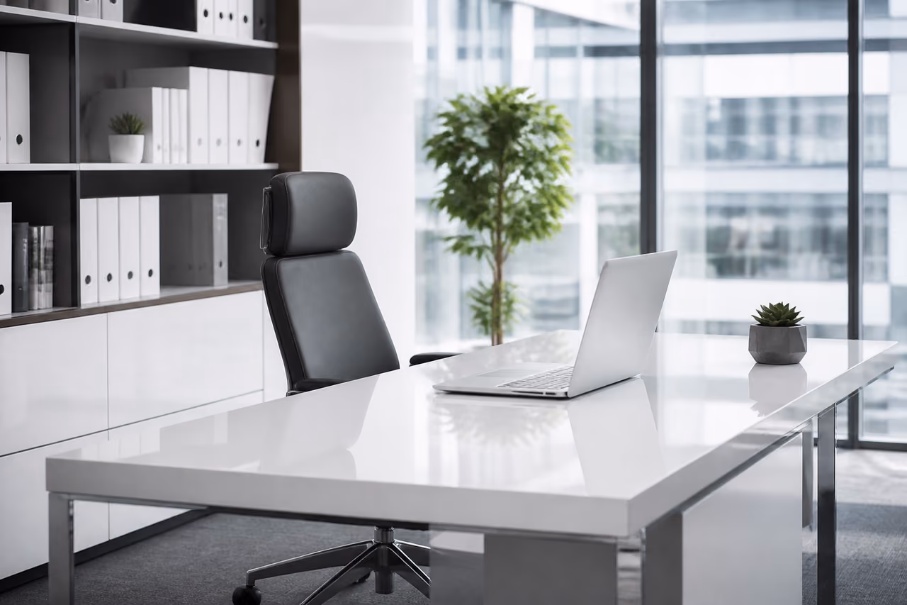 Modern Minimalist Executive Desk in a Bright Corporate Office