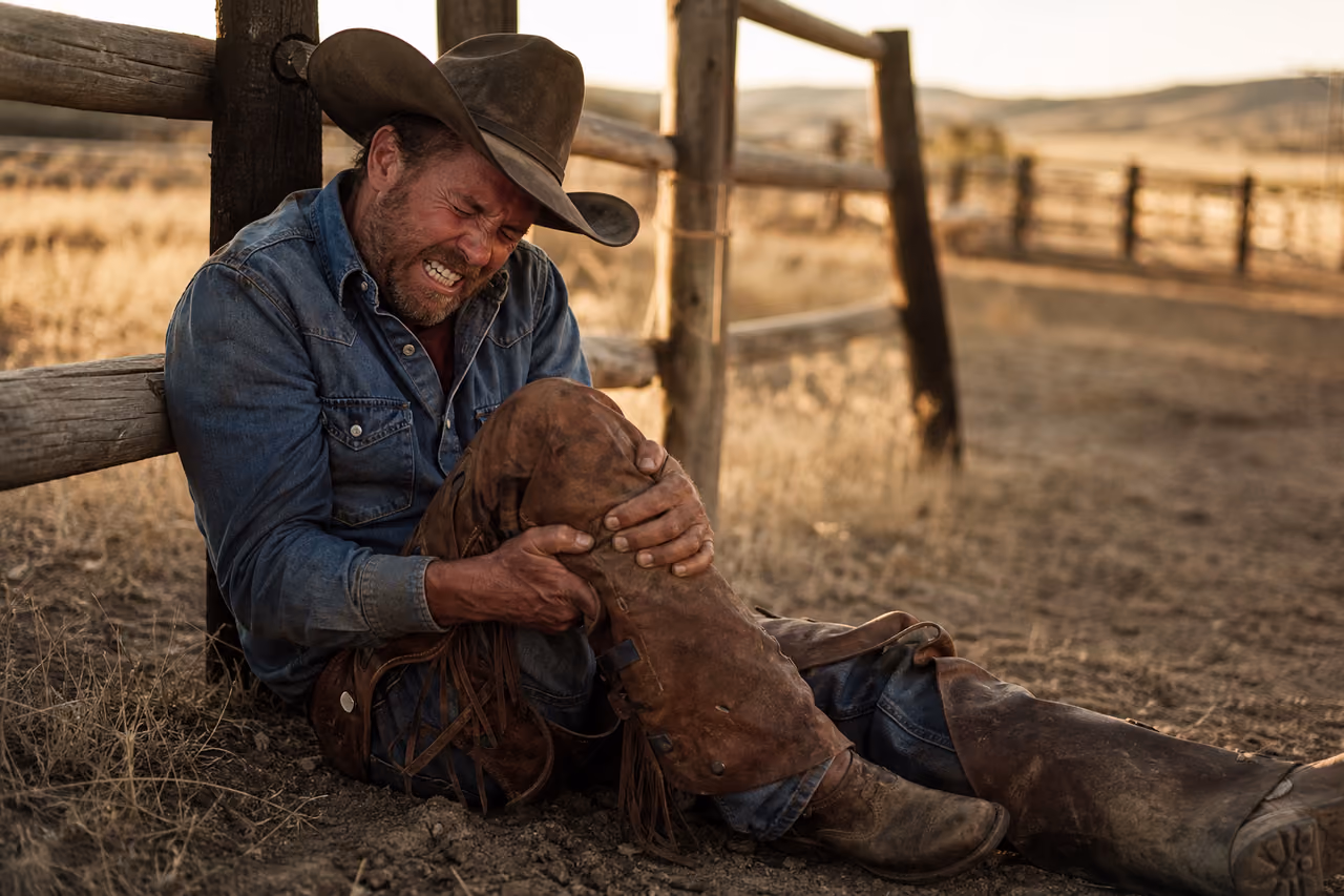 Injured Cowboy Clutching His Broken Leg by a Ranch Fence