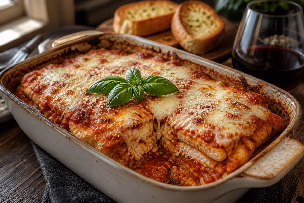 Chicken Parm Lasagna in a Rustic Baking Dish
