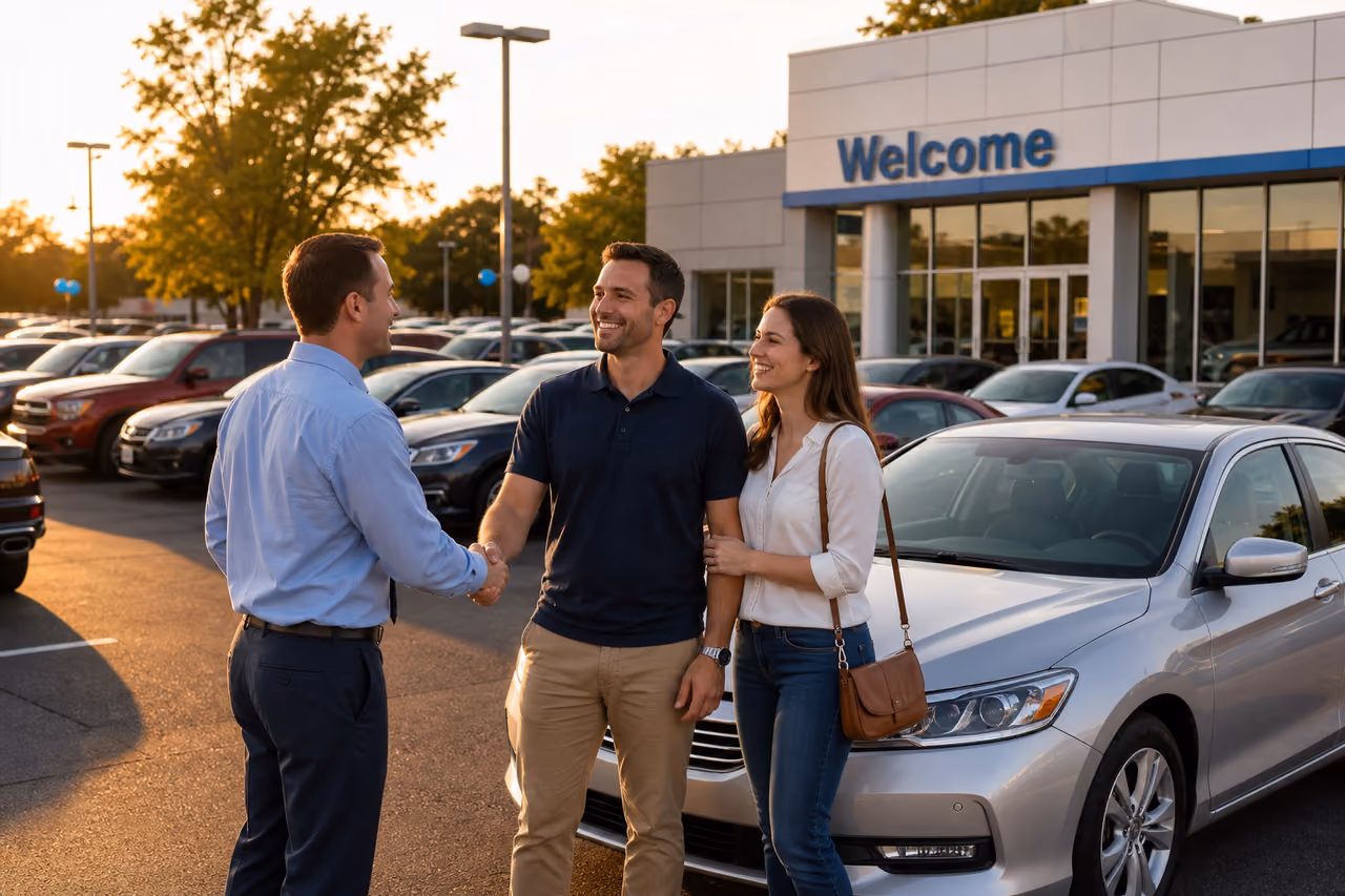 Couple Shaking Hands with Salesman at Used Car Dealership