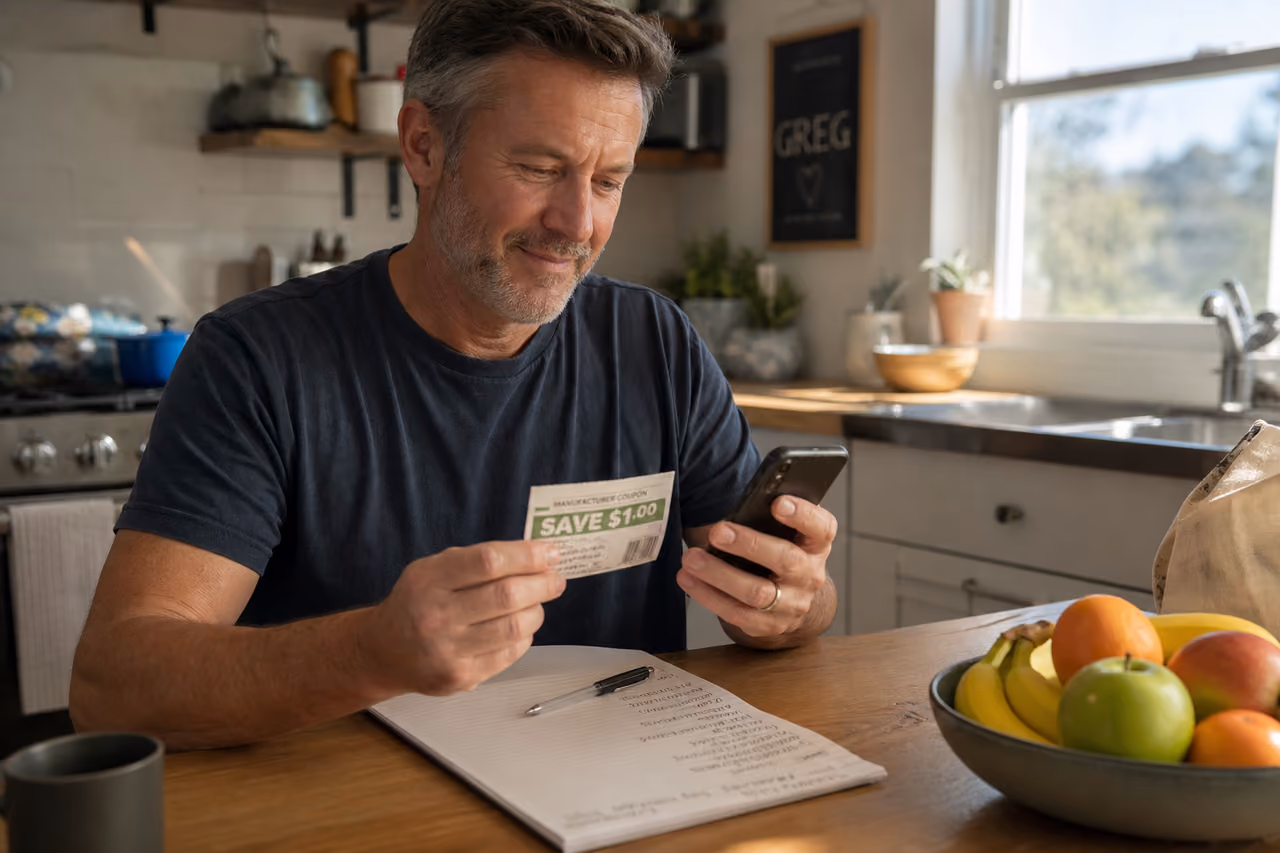 Man Comparing Paper Coupon and Smartphone at Kitchen Table