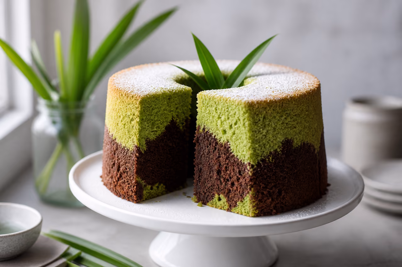 Sliced Pandan Chocolate Chiffon Cake on White Stand