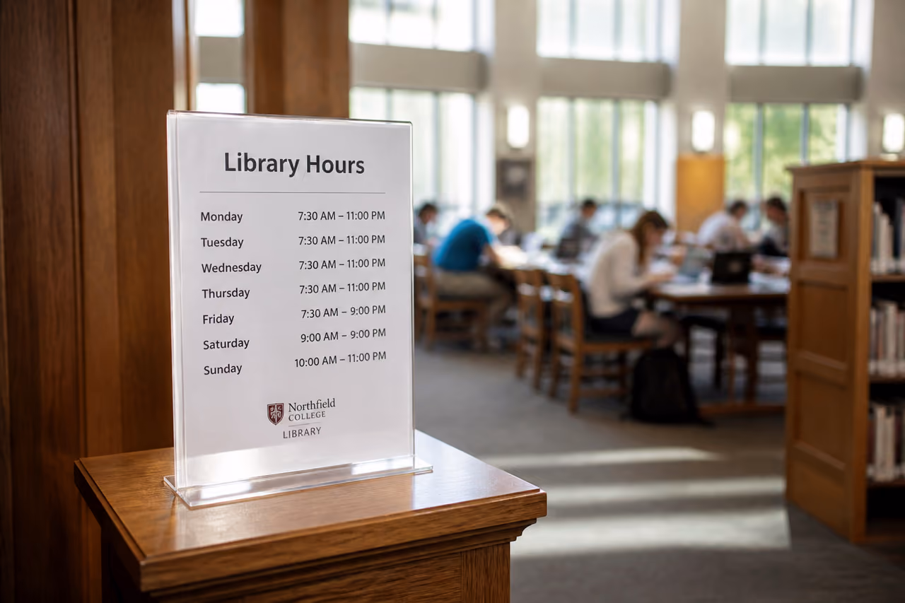 Information Sign Displaying Library Hours in a College Lobby
