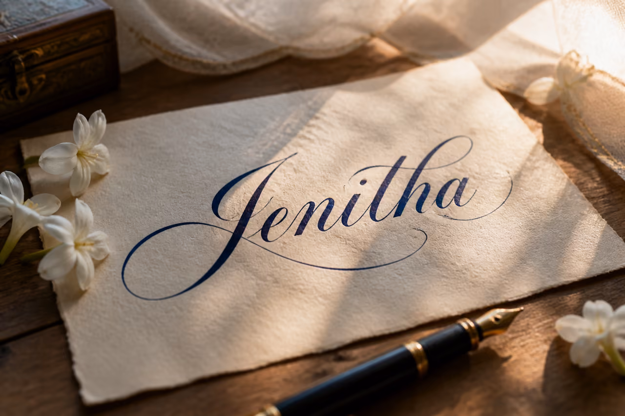 Elegant Calligraphy of the Name Jenitha on Parchment Paper