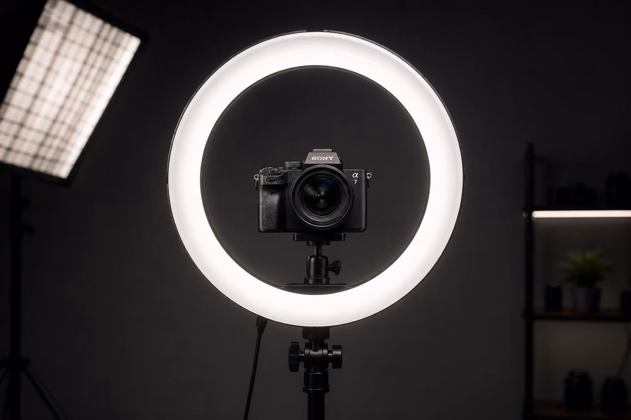 Circular Ring Light Mounted with Mirrorless Camera on Tripod